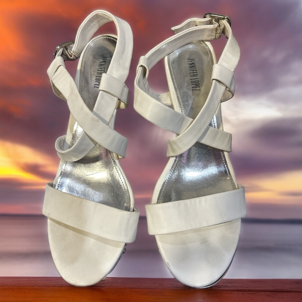 Jennifer Lopez White Strappy Wedge Sandal